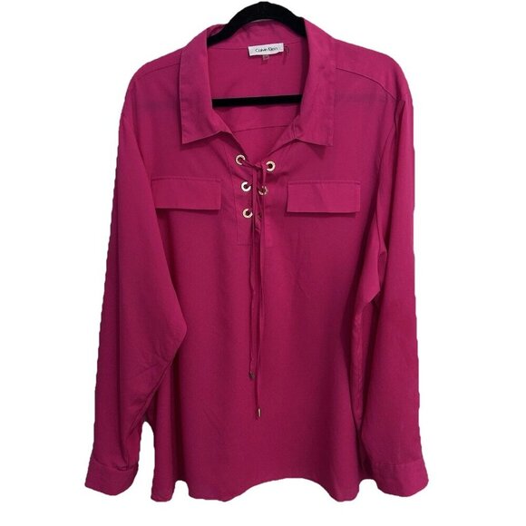 Calvin Klein Fuchsia Chiffon Blouse Pink Tassel Collared Neck Roll Tab Sleeve 3X - Picture 1 of 10